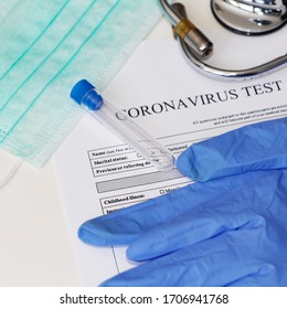 Laboratory Test For The Determination Of Coronavirus. Concept. Questionnaire For Analysis. Consent To Testing. On The Table Lies The Consent To Take Tests. Coronavirus Laboratory Test.