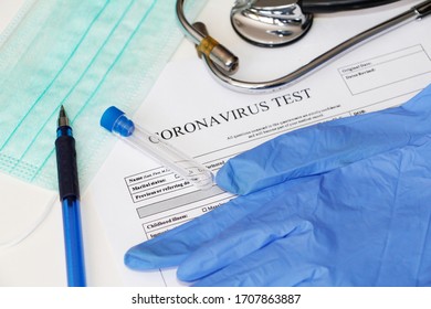 Laboratory Test For The Determination Of Coronavirus. Concept. Questionnaire For Analysis. Consent To Testing. On The Table Lies The Consent To Take Tests. Coronavirus Laboratory Test.