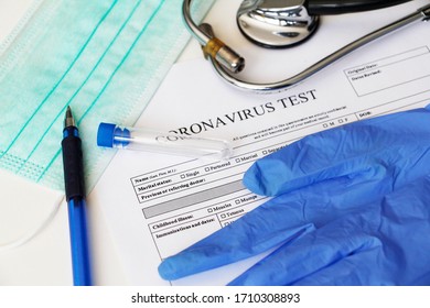 Laboratory Test For The Determination Of Coronavirus. Concept. Questionnaire For Analysis. Consent To Testing. On The Table Lies The Consent To Take Tests. Coronavirus Laboratory Test.