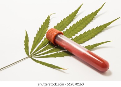 Laboratory test tube or bottle with blood lying on green leaf of marijuana or cannabis on a white background. Concept picture for testing the marijuana or cannabis in the blood in a lab in conditions