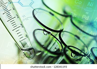 Laboratory Tools In Green Tone. Chemical Or Medical Theme.