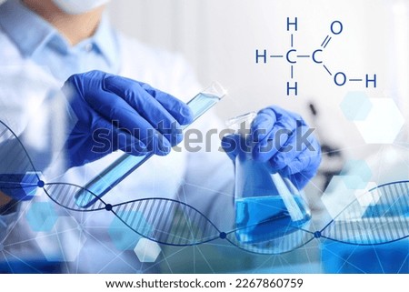 Laboratory worker pouring blue liquid into flask indoors, structural formula of chemical compound and double helix illustration