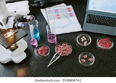 Laboratory workspace showing different meat samples under analysis. Equipment like a microscope, glass beakers, and a laptop being used for research - Powered by Shutterstock