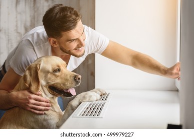 labrador enjoying spend time with a happy guy - Shutterstock ID 499979227