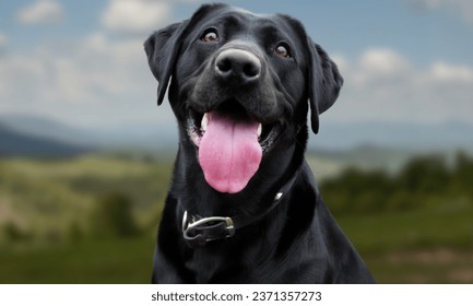Labrador retriever dog  headshot portrait of smiling and happy  labrador
 tongue out Portrait of black labrador retriever dog breed - Shutterstock ID 2371357273