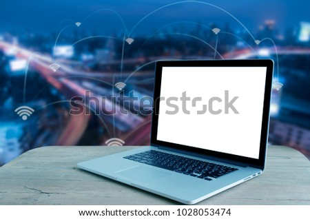 labtop and city scape and network connection concept