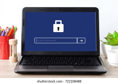 Labtop computer with password login on screen, cyber security concept