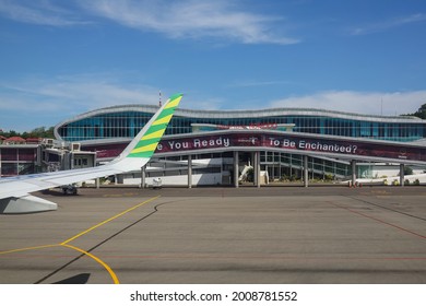 Labuan Bajo, Indonesia - June 28 2021: A Citilink Flight Lands At The Komodo Airport In Labuan Bajo In Flores, Indonesia.