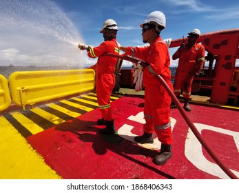 LABUAN, MALAYSIA- 26 NOVEMBER 2020, Marine Crew Carried Fire Drill On Board And Tested Fire Hydrant On Deck