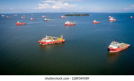 Labuan,Malaysia-June 4,2018:Aerial View Of Offshore Support Vessels In Labuan,Malaysia.More Vessel Repair Jobs To Labuan Now As The Outlook Of The Oil & Gas Sector In The Island Has Improved.