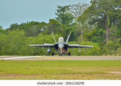 Labuan,Malaysia-Sept 14,2021:Royal Malaysia Air Force Boeing FA-18 Hornet Fighter Jet Taxiing To The Runway At Airport Of Labuan,Malaysia.