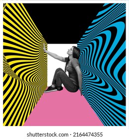 Labyrinth. Sad young woman with depression sitting in cube with blue and yellow hypnotic, optical illusion walls. Contemporary art collage. Concept of inner world, psychology, diversity, chaos