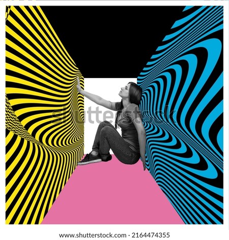Labyrinth. Sad young woman with depression sitting in cube with blue and yellow hypnotic, optical illusion walls. Contemporary art collage. Concept of inner world, psychology, diversity, chaos
