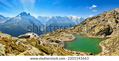Lac Blanc with a view of Mont Blanc above Chamonix. Wonderful view over the mountain lake to the glacier. Haute-Savoie