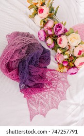 Lace modern handmade scarf shawl knitted pink purple color with beautiful flowers