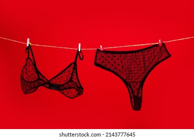 Lace panties and bra. The sexy lingerie isolated on the red background. Thong bikini panties, transparent bra and underwear lingerie.