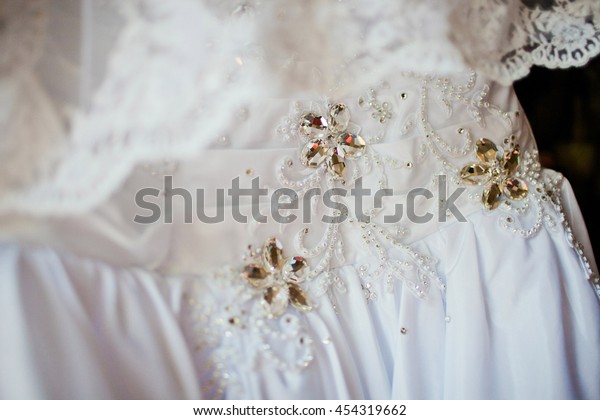 Lace Rhinestones On Wedding Dress Closeup Stock Photo Edit Now