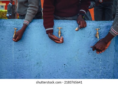 Lack Of Water In Africa. African Children Holding Hands By Source Of Water. Illustration Photo. Drought In Africa