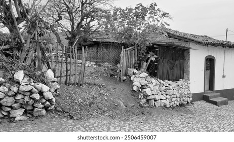 lack and white image of a rustic vernacular home in a rural landscape. The scene features a traditional wood and stone structure, capturing the essence of countryside living. - Powered by Shutterstock