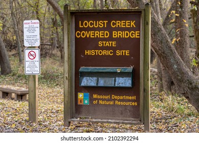 Laclede, MO United States Of America - September 16th, 2021 : Locust Creek Covered Bridge State Historical Site Sign With Rules And Regulations And Information For Visitors.