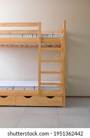 Lacquered Wooden Bunk Bed With Mattresses And Ladder