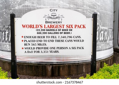 LaCrosse, Wisconsin - June 11, 2022: Sign for the famous World's Largest Six Pack beer at the City Brewery, which makes Miller, Coors among other drinks