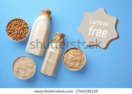Lactose free options include milk and grain products on a blue surface