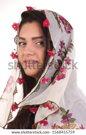 lacy girl in traditional headscarf Stok fotoğraf © 