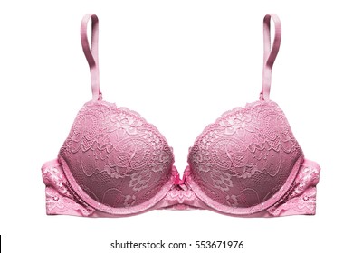 Lacy pink push up bra isolated over white