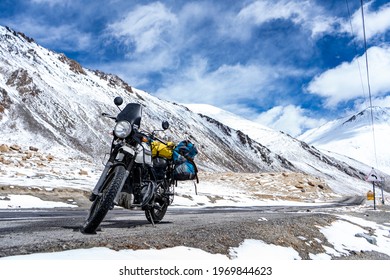 Ladakh, India - April 2 2020 - Adventure Himalayan Royal Enfield Bike On The Roads Of Ladakh.