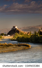 LADAKH, INDIA, AUGUST 26, 2017: View of the Stakna monastery with a winding river in the Ladakh region of India