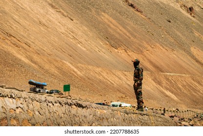 Ladakh, India - June 18,2022: Indian Army Solder On Duty At Mountain Range At Ladakh, Highest Plateau In India