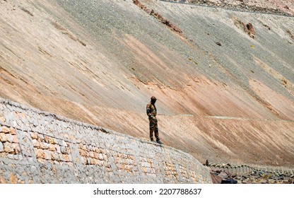 Ladakh, India - June 18,2022: Indian Army Solder On Duty At Mountain Range At Ladakh, Highest Plateau In India