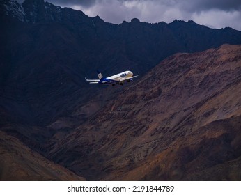 Ladakh, India - June 19, 2022 : Go Air, Indian Passenger Plane Fly Up From Leh Airport Surrounded By Himalaya Mountain Range