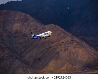 Ladakh, India - June 19, 2022 : Go Air, Indian Passenger Plane Fly Up From Leh Airport Surrounded By Himalaya Mountain Range