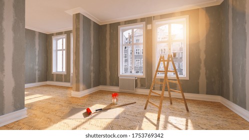 Ladder And Bucket Of Paint In Old Building Apartment During Renovation After Moving And Flattened Drywall Walls