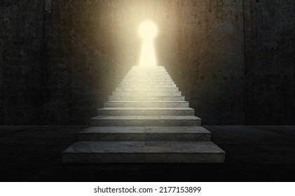 Ladder leading to success behind the keyhole door in the dark room. Light and shiny growing through from key hole. Business key way to success concept - Shutterstock ID 2177153899