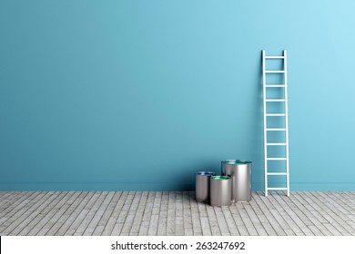 Ladder And Paint Buckets By The Wall