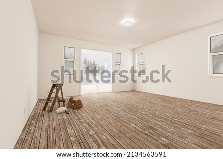 Ladder and Painting Equipment In Raw Unfinished Room of House with Blank White Walls and Worn Wood Floors.