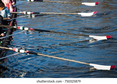 Ladies 8 rowing team with 4 blades dipping into river Avon - Powered by Shutterstock