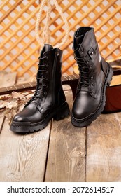 Ladies Fashion Leather Shoes For Autumn, Spring, European Winter. Boots For A Modern Grunge Woman. Women's Black Boots With Laces Isolated On White. Black Leather Army Boots. Autumn. Fashion. Style.