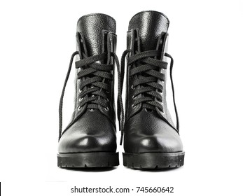 Ladies Fashion Leather Shoes For Autumn, Spring, European Winter. Boots For A Modern Grunge Woman. Women's Black Boots With Laces Isolated On White. Black Leather Army Boots. Autumn. Fashion. Style.