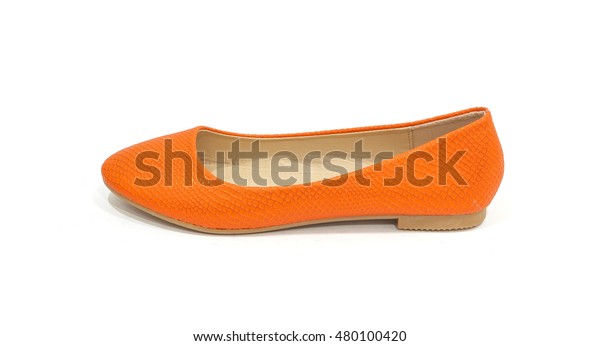 Ladies Orange Flat Shoes On White Stock 