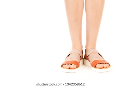 Ladies outfit footwear. Long slim female's legs wearing leather sandals. Fashion mockup with copy space. Classic and casual clothes concept. Detailed closeup studio shot isolated on white background
