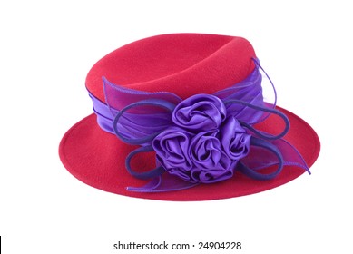 Ladies Stylish Red Hat With Purple Silk Ribbon And Rosettes Isolated On White Background Copy Space