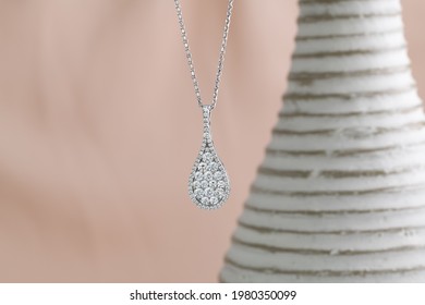 Ladies White Gold Diamond Tear Drop Pendant