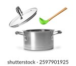 Ladle and lid in air over saucepan on white background