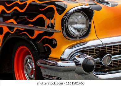 Ladner, British Columbia / Canada - August 19th 2018 - A Beautiful Classic Chevy with a Flame Paint Job at an Annual Car Show.