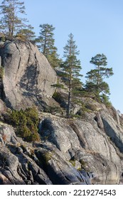 Ladoga Skerries On The Lake. A Beautiful View Of The Rocky Shores Covered With Pine Trees. Nordic Nature At Sunset. Stunning View Of Islands And Archipelago. National Park Of Karelia