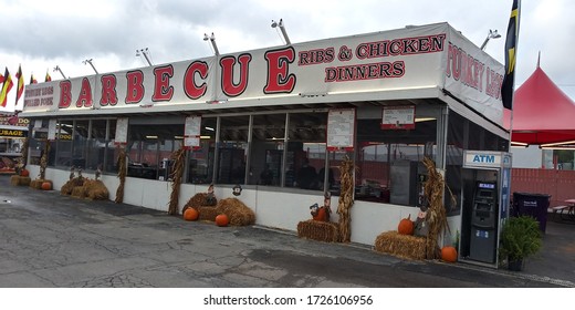 Ladson, South Carolina/ USA - November 5 2019: Turkey Legs Pulled Pork BBQ Ribs And Chicken Dinners Restaurant Building Inside Coastal Carolina Fair Grounds In Ladson South Carolina.